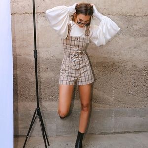 WeWoreWhat Plaid Moto Short Overalls